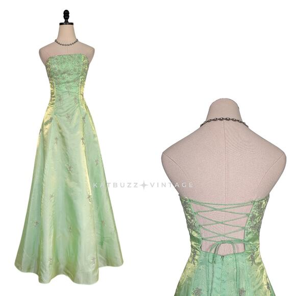 Vintage Cache Prom Dress Maxi Ball Gown XS Green Fairy Princess Y2K Corset Bead - Picture 3 of 15